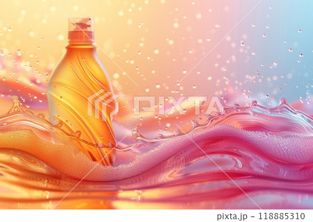 Orange translucent bottle of liquid laundry detergent with a splash on a pink and yellow background. 118885310