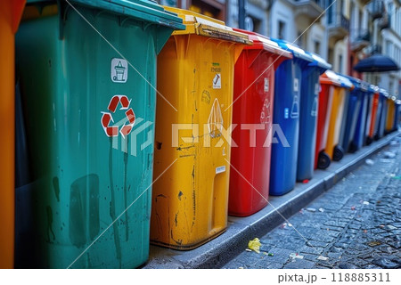 Vibrant Multi-Colored Recycling Bins Lined Up Along Urban Street Amidst Cityscape 118885311