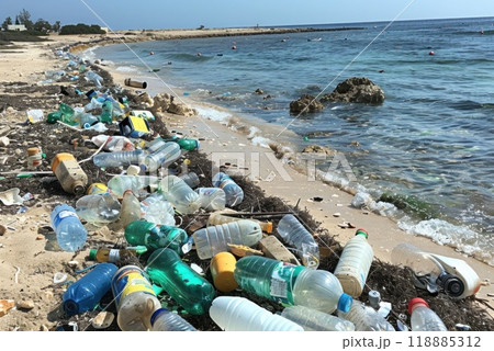 Plastic waste on beach posing threat to marine life and environment 118885312