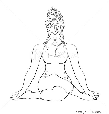 Young woman is doing yoga. Linear drawing of a girl in a yoga pose. For the design of websites, schools and yoga clubs, printing on clothes, dishes, bags, business cards, posters and advertising 118885505