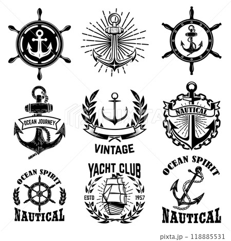 Set of vintage nautical emblems with anchors. Design element for emblem, sign, badge, logo. Vector illustration 118885531