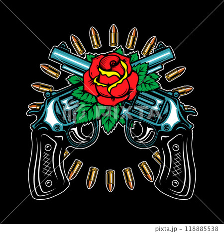 Crossed guns with roses. Design element for poster, card, banner, emblem, sign. Vector illustration Crossed guns with roses. Design element for poster, card, banner, emblem, sign. Vector illustration 118885538