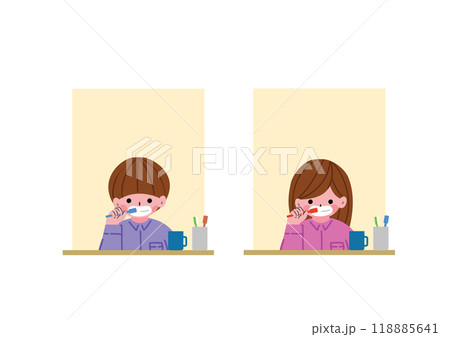 鏡の前で歯磨きをする男の子と女の子 鏡の前で歯磨きをする男の子と女の子 118885641