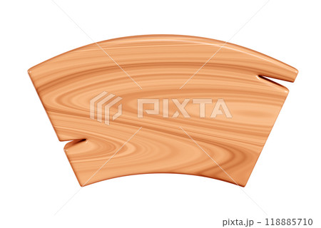 Wooden arch plaque with cracks for text box. Cartoon 3d render illustration of signboard with brown wood texture. Vintage rustic timber plank, nameplate or board frame with fracture. 118885710