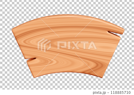 Wooden arch plaque with cracks for text box. Cartoon 3d render illustration of signboard with brown wood texture. Vintage rustic timber plank, nameplate or board frame with fracture. 118885710