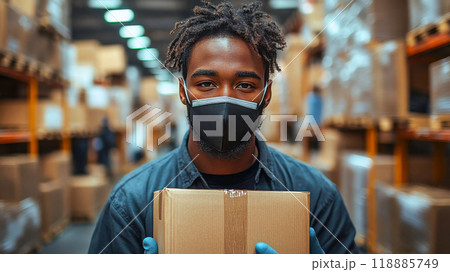 A factory worker wearing a protective mask, holding a cardboard box in a warehouse, emphasizing safety and productivity 118885749