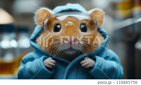 A hamster wearing glasses and a yellow coat, giving a cute and curious expression 118885756