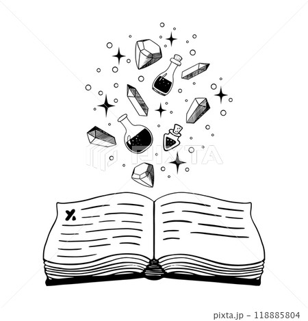 Magic book of spells with mystic cloud of witch stuff. Poisons, crystals and stars hovering over a book. Vintage hand drawn vector illustration 118885804