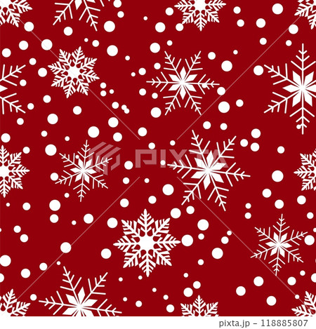 Seamless pattern featuring white snowflakes and dots on a red background. Perfect for holiday themes, winter designs, and festive decorations. Vector illustration 118885807