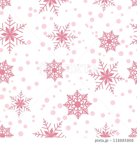 Pink snowflakes and polka dots creating a seamless pattern on a white background. Vector illustration. Perfect for winter-themed designs and festive decorations 118885808