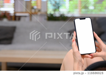 Close up shot of woman holding smartphone with blank screen in living room 118886028