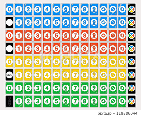 Card game uno in retro style. Vector illustration, isolated objects 118886044
