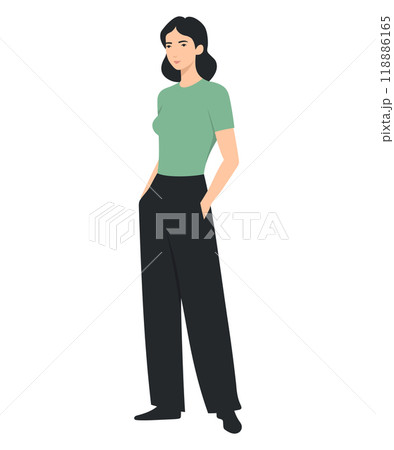 Vector illustration of a girl with a mint t-shirt and black pants. Vector illustration of a girl with a mint t-shirt and black pants. 118886165