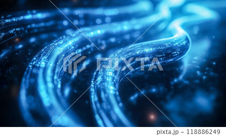 Close-up of glowing network cables, illuminated in red and blue light, symbolizing high-speed digital connectivity 118886249