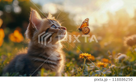 A cat and its kitten gaze curiously at a butterfly in a sunny field of flowers 118886250