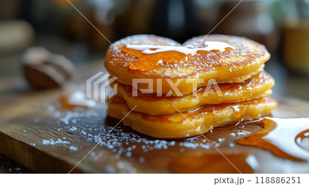 A stack of heart-shaped pancakes drizzled with syrup and topped with powdered sugar, set on a wooden board 118886251