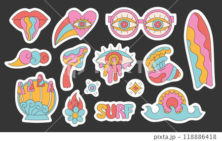 Summer groovy cartoon surf, wave, shell, glasses, eye sticker sheet. Trippy bright sticker designs. Summer groovy cartoon surf, wave, shell, glasses, eye sticker sheet. Trippy bright sticker designs. 118886418