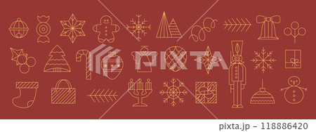 Merry Christmas and New Year, holiday elements icons. Winter holiday simple elements. Abstract modern vector snowflak, gift box, berry, ball, star, bell. 118886420