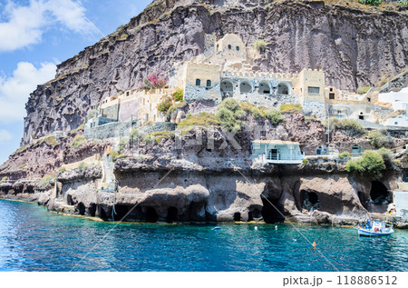 Traditional cave houses in the port of Fira, Santorini, Greece Traditional cave houses in the port of Fira, Santorini, Greece 118886512