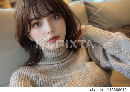 ナチュラル可愛いベージュニットスタイル 118886615