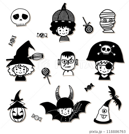 ハロウィン子供仮装セット モノクロ ワッペン アップリケ風 ハロウィン子供仮装セット モノクロ ワッペン アップリケ風 118886763
