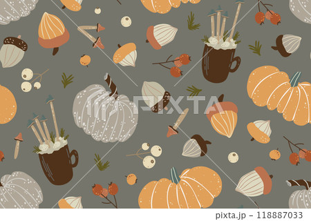 Autumn Fall Pumpkins and Botanicals Vector Seamless Pattern 118887033