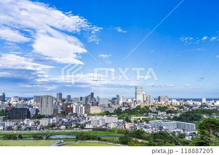 仙台城跡（青葉城）から見た秋の仙台市街　俯瞰　仙台市青葉区 118887205