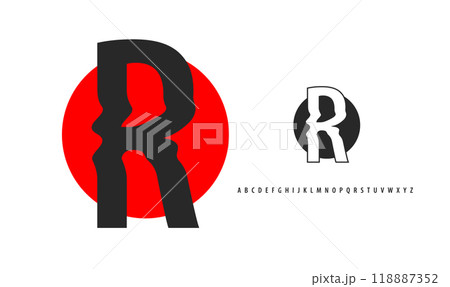 Letter R silhouette on red sun, twisting alphabet. Japanese logo for sushi roll restaurant logo, asian cultural event logotype. Vector logo and typeset Letter R silhouette on red sun, twisting alphabet. Japanese logo for sushi roll restaurant logo, asian cultural event logotype. Vector logo and typeset 118887352