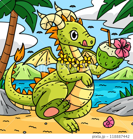 Dragon with a Coconut Drink Colored Cartoon Dragon with a Coconut Drink Colored Cartoon 118887442