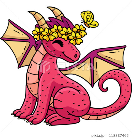 Dragon with a Flower Crown Cartoon Colored Clipart 118887465