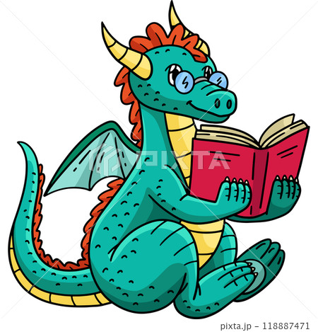 Dragon Reading a Book Cartoon Colored Clipart  118887471