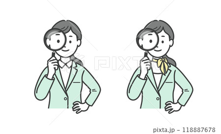 虫眼鏡を持って見る女性ビジネスマンの上半身イラスト 118887678