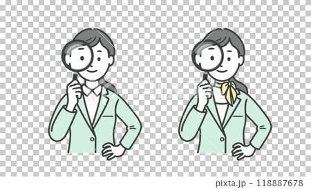 虫眼鏡を持って見る女性ビジネスマンの上半身イラスト 118887678