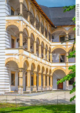 Stunning courtyard of Velke Losiny Chateau in Czechia, admiring the intricate architecture and peaceful surroundings bathed in natural light during a sunny day. Stunning courtyard of Velke Losiny Chateau in Czechia, admiring the intricate architecture and peaceful surroundings bathed in natural light during a sunny day. 118887738