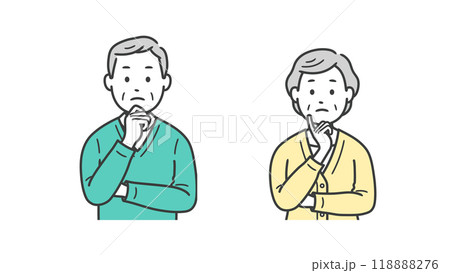 顔に手を当てて悩む高齢者男女の上半身イラスト 118888276