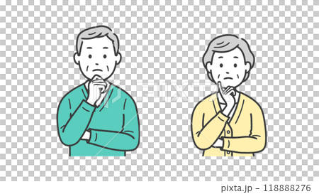 顔に手を当てて悩む高齢者男女の上半身イラスト 118888276