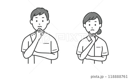 顔に手を当てて悩む看護師男女の上半身イラスト 118888761