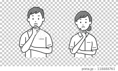 顔に手を当てて悩む看護師男女の上半身イラスト 118888761