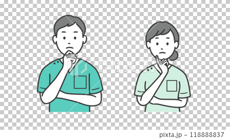 一位男性和女性牙醫雙手放在臉上擔心的上半身插圖 118888837