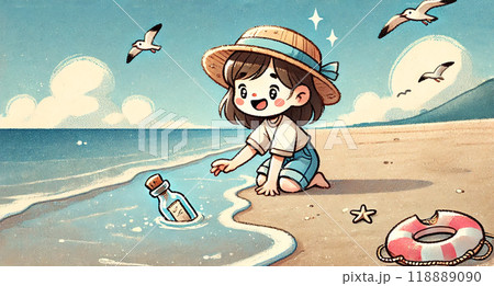 メッセージボトルを拾う女の子 118889090