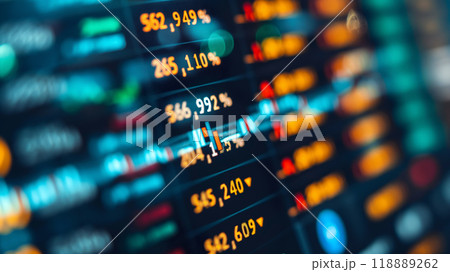 Stock market dashboard displaying various indices and real-time trading data in a financial analytics environment 118889262
