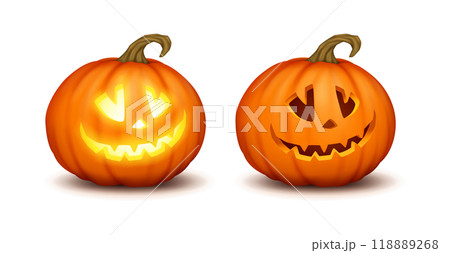 Lit and dark smiling jack-o-lanterns realistic icons set Lit and dark smiling jack-o-lanterns realistic icons set 118889268