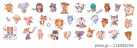 Adorable animals with instruments flat color vector style set 118889280