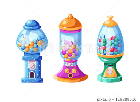 Vending machines with gumballs and chews flat color icons set Vending machines with gumballs and chews flat color icons set 118889310