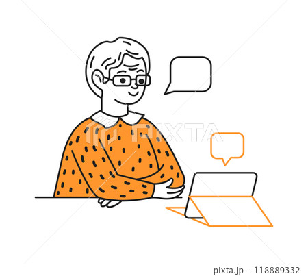 Senior woman on video call via tablet linear vector icon Senior woman on video call via tablet linear vector icon 118889332