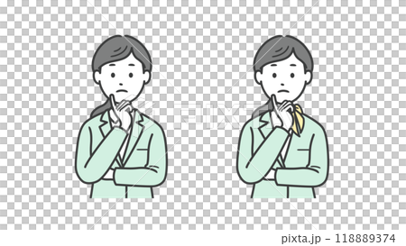 顔に手を当てて悩む女性ビジネスマンの上半身イラスト 118889374