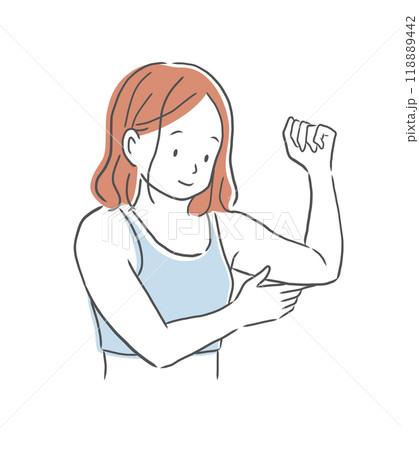 綺麗になった二の腕を笑顔で触る女性のイラスト素材 118889442