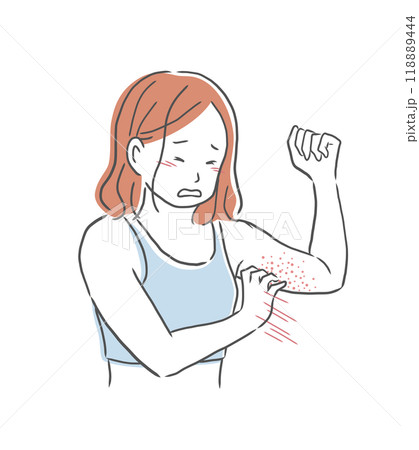二の腕にできた吹き出物を掻く女性のイラスト素材 118889444
