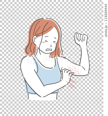 二の腕にできた吹き出物を掻く女性のイラスト素材 118889444
