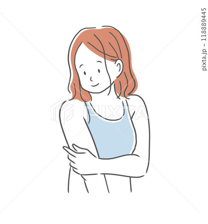 綺麗になった二の腕を笑顔で触る女性のイラスト素材 118889445